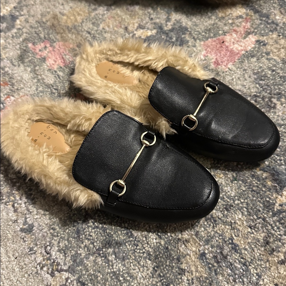 Black Faux Fur Lined Loafers with Gold Accent